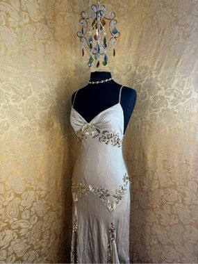 ✨Vintage Y2K Gold Satin Sequins Drop Waist Goddess Prom Dress✨